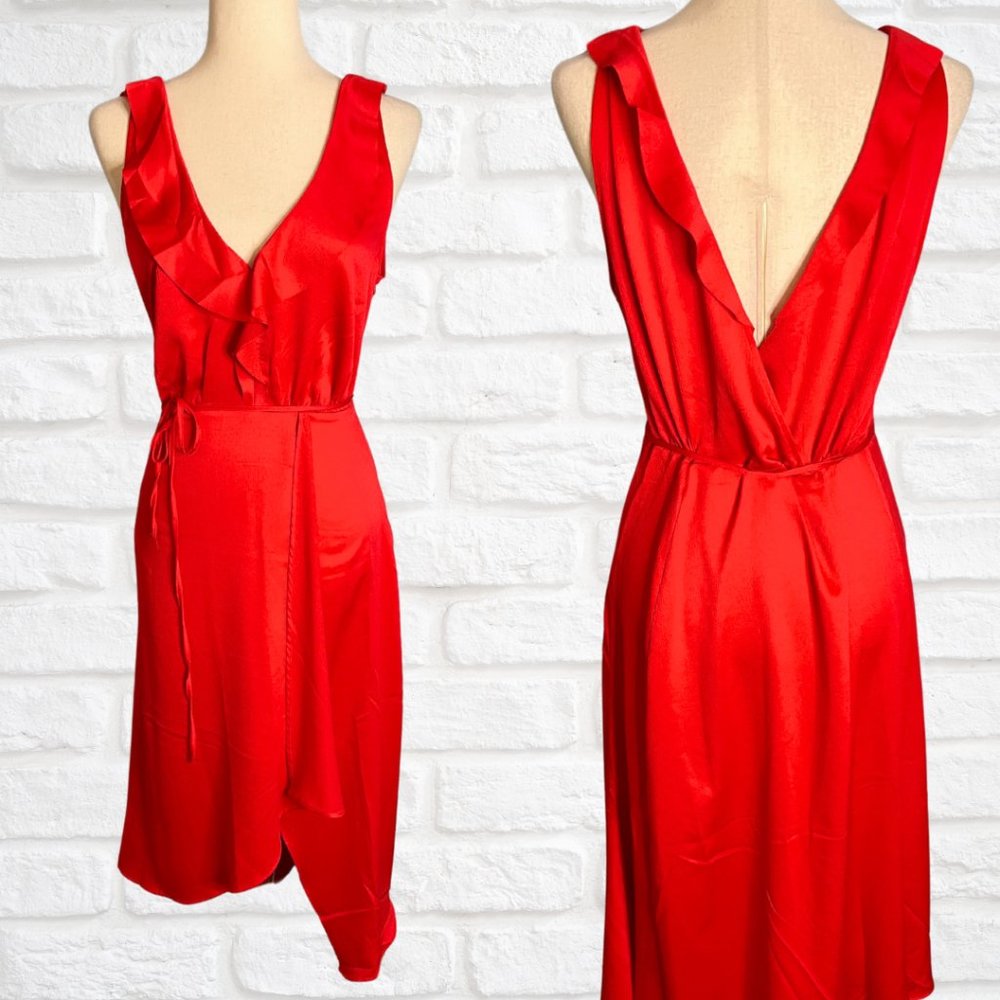 NWT French Connection Red Midi Cocktail Dress Low Back V-Neck Faux Wrap Size 8